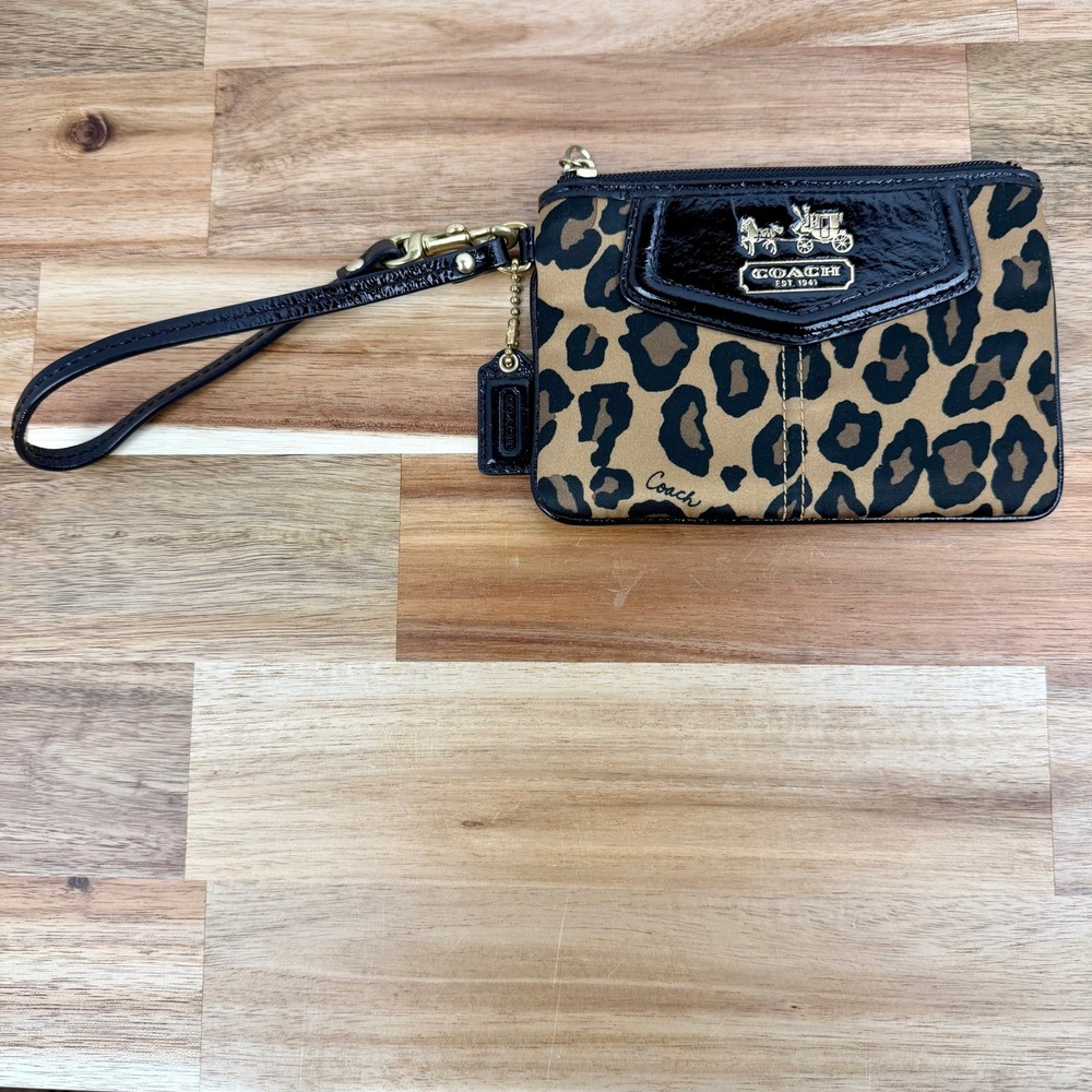 Coach Leopard Print Canvas Wristlet Gold Horse Carriage Logo Brown Black Small - Picture 2 of 7
